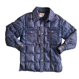 Vtg Kentfield Men L Down Puffer Jacket 80s Snap Button Navy Quilted Chest Pocket